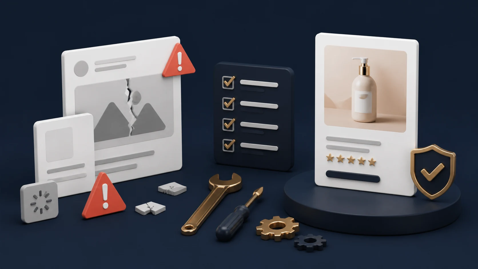Shopify bug fix concept with broken ecommerce UI cards warning markers checklist and repair tools