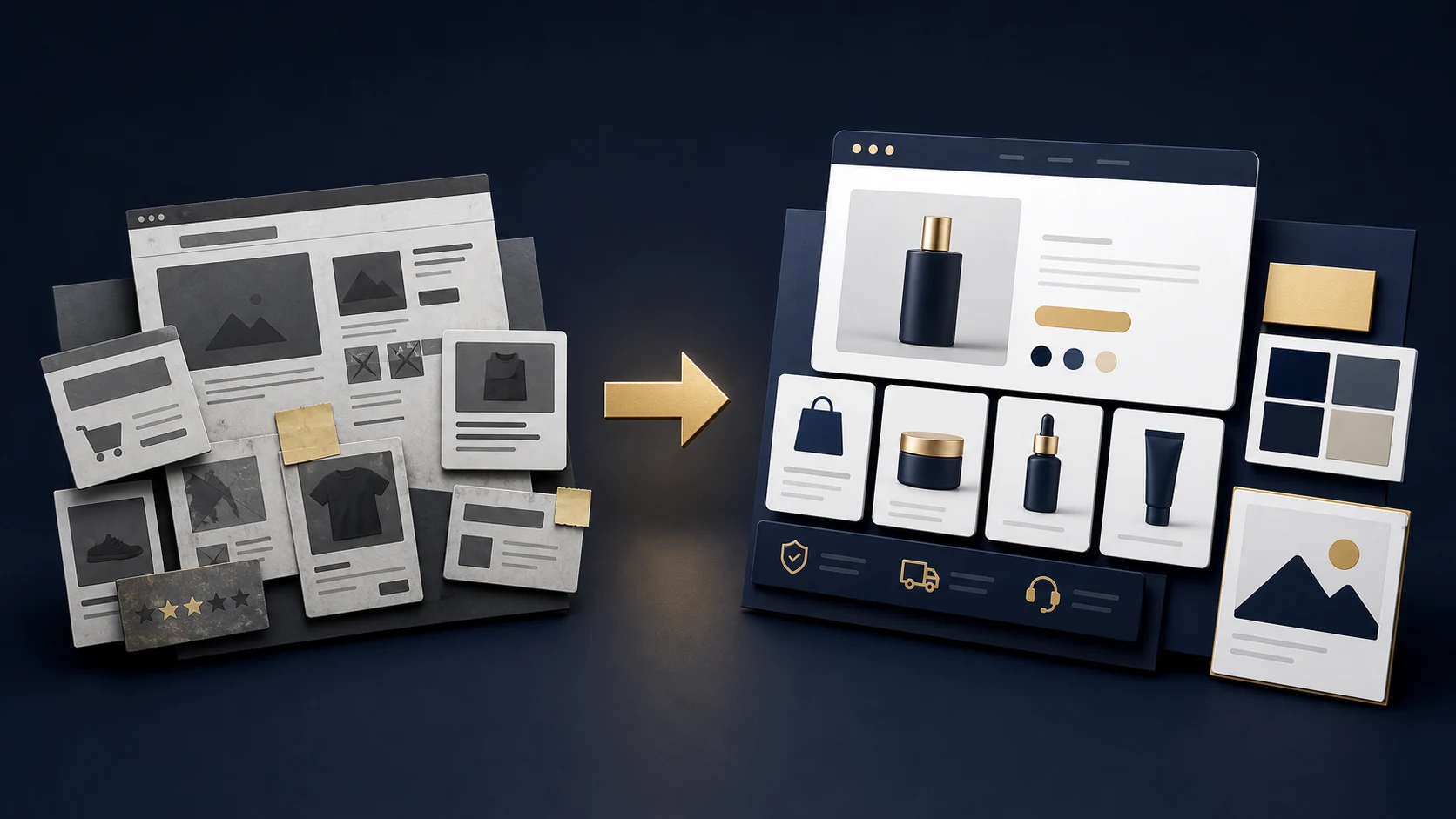 Shopify store redesign concept showing outdated ecommerce cards changing into a premium storefront layout