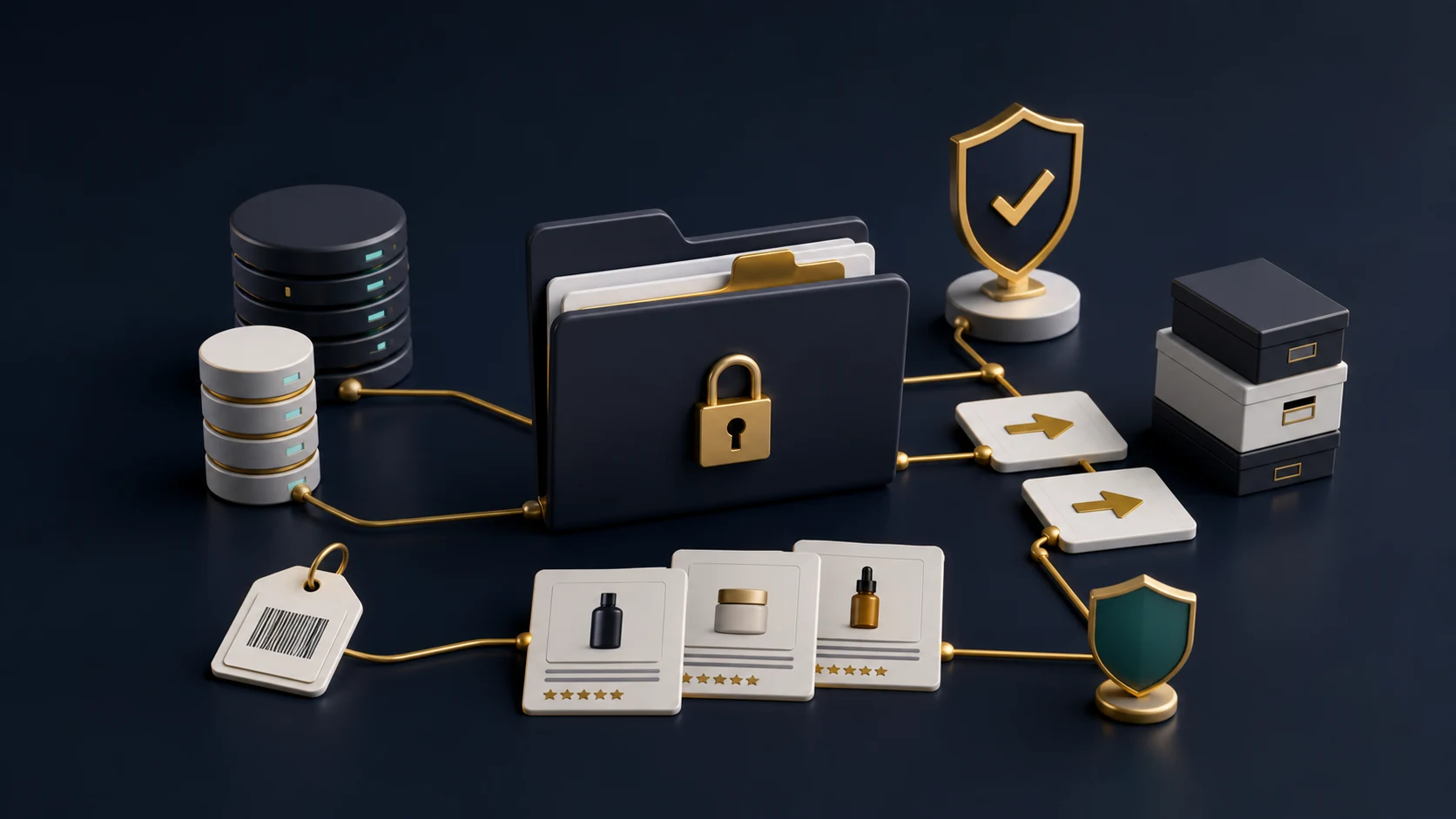Secure Shopify migration concept with locked folder product data cards redirect arrows and shield icons