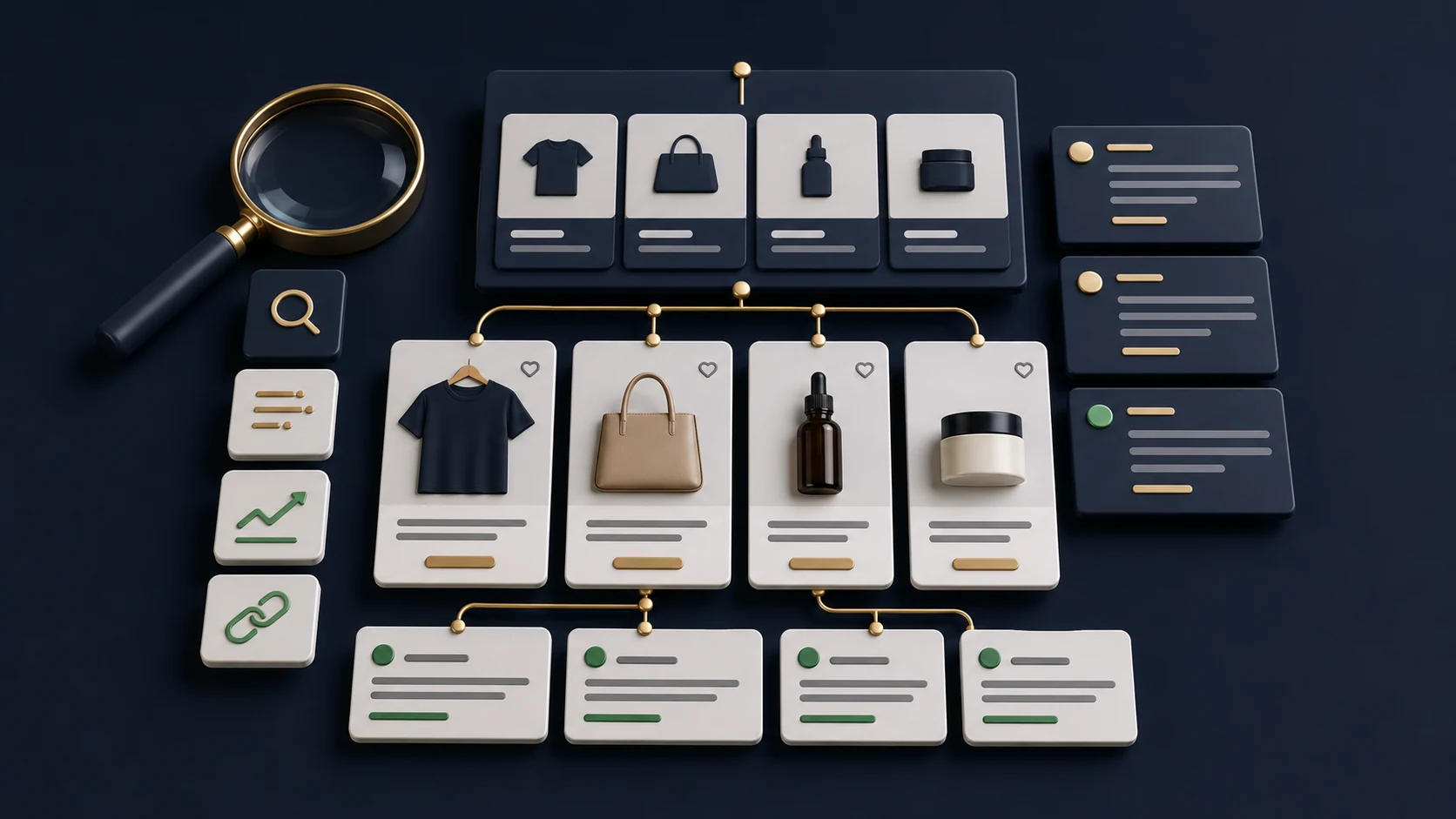 Shopify SEO checklist concept with product cards collection pages and search ranking blocks