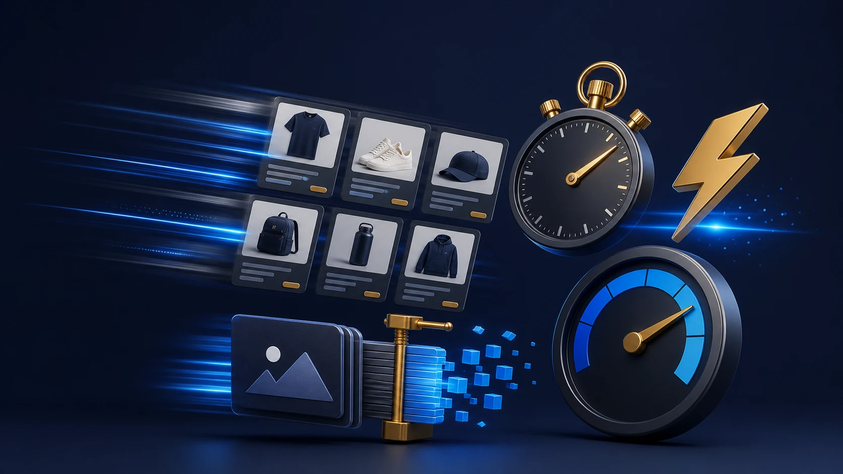 Shopify speed optimization concept with product grid cards stopwatch gauge and lightning symbols