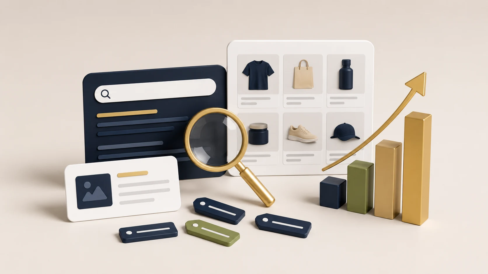 Shopify SEO optimisation concept with product cards search elements and ranking blocks