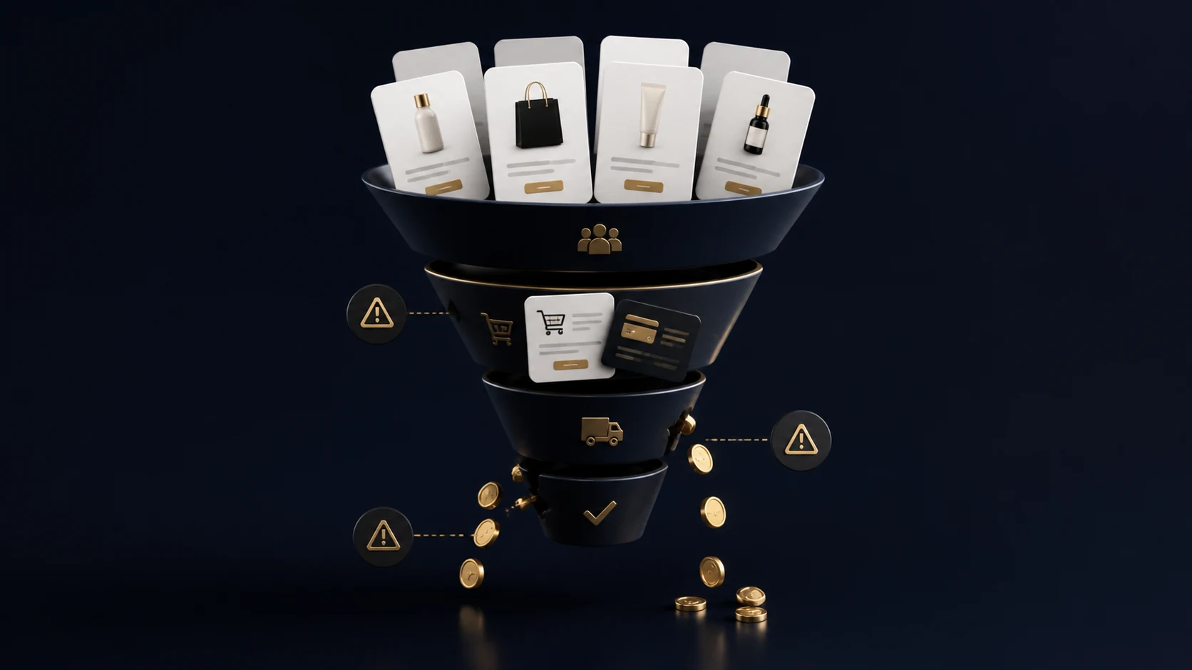 Shopify conversion leak concept with ecommerce funnel product cards and gold tokens escaping through gaps