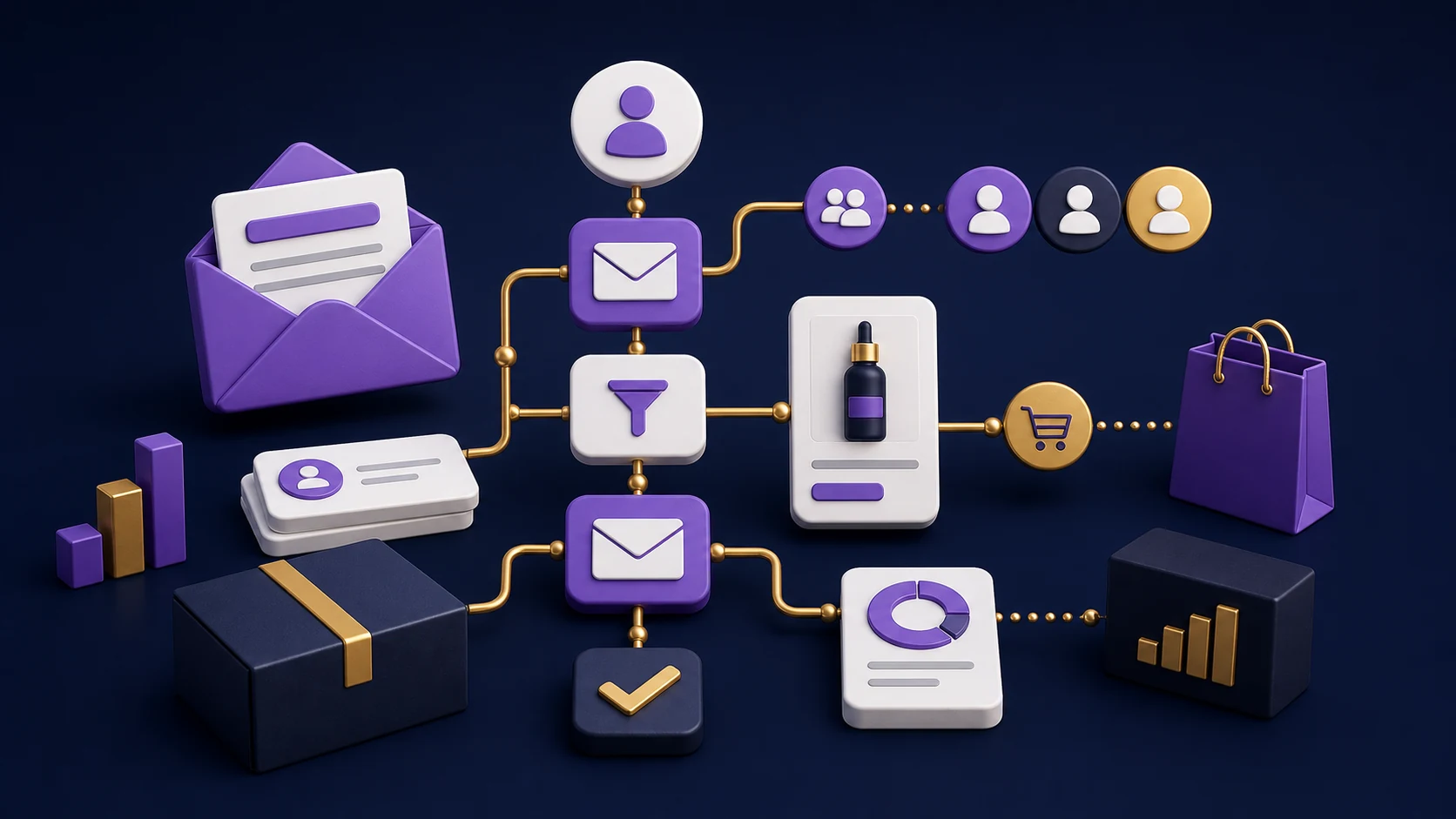 Klaviyo setup concept with ecommerce email automation flow customer segments product cards and envelope icons