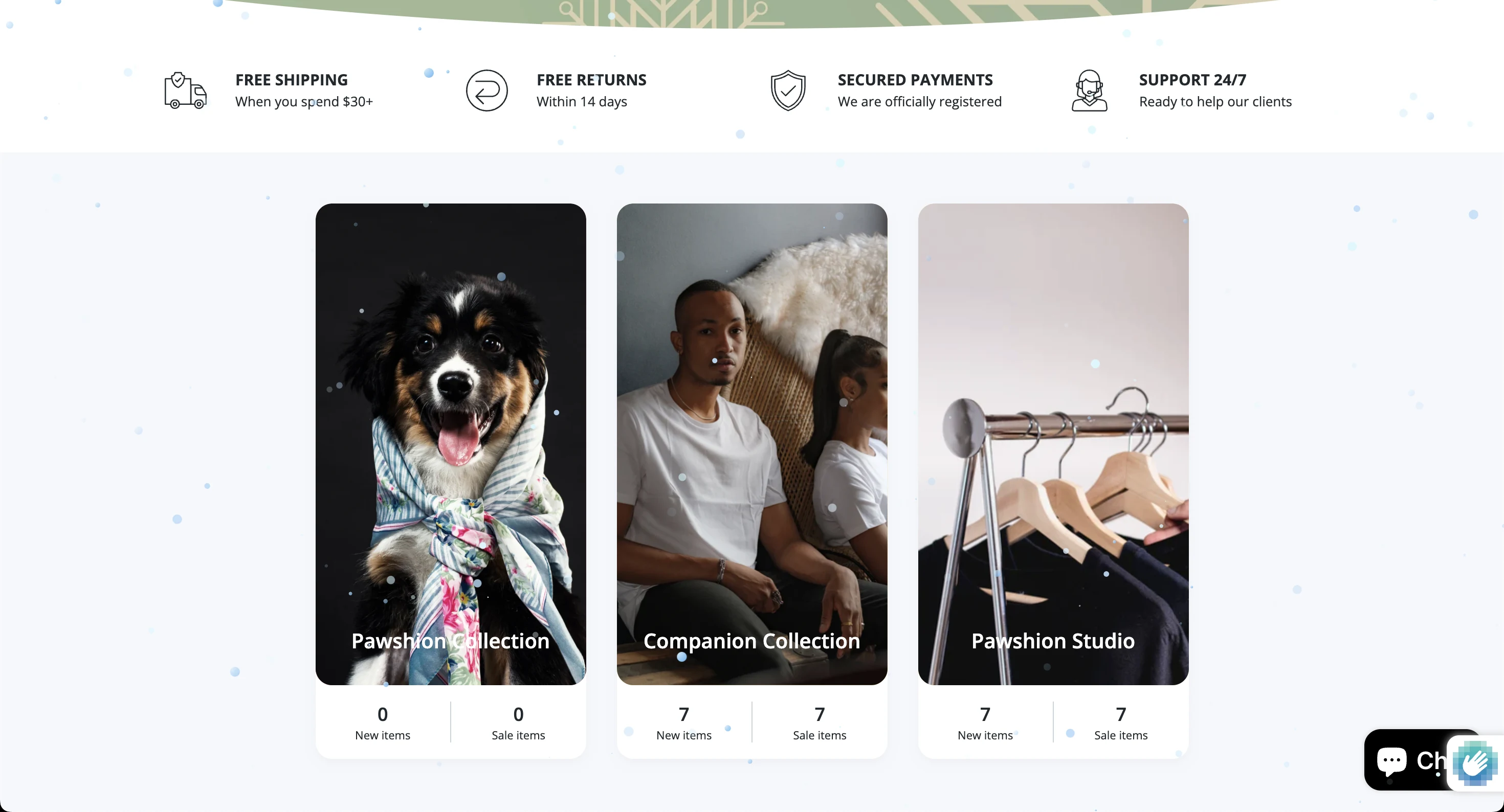 Pawshion Boutique collection discovery section helping shoppers browse fashion categories