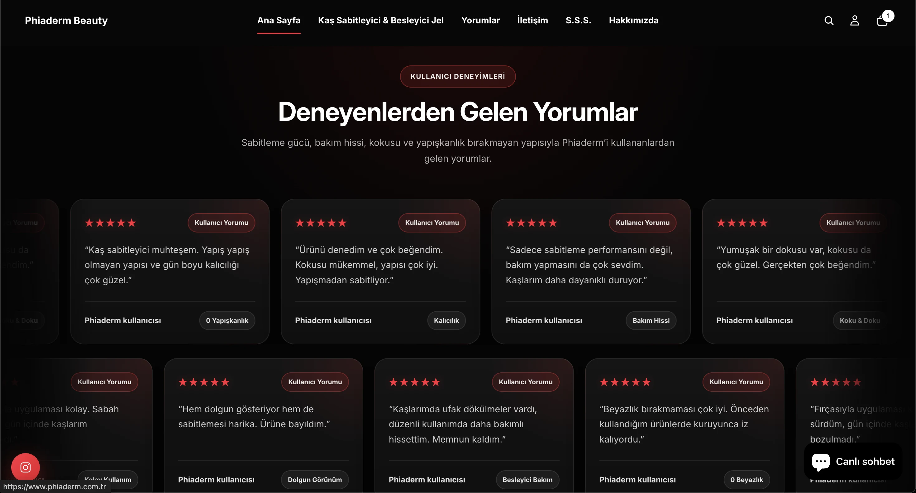 Phiaderm Beauty Shopify testimonials section showing customer reviews and social proof