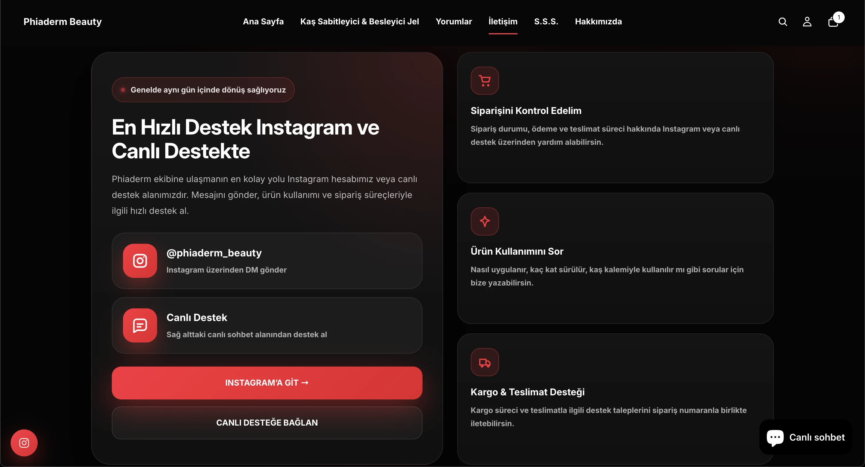 Phiaderm Beauty contact support section with Instagram and live chat customer service options