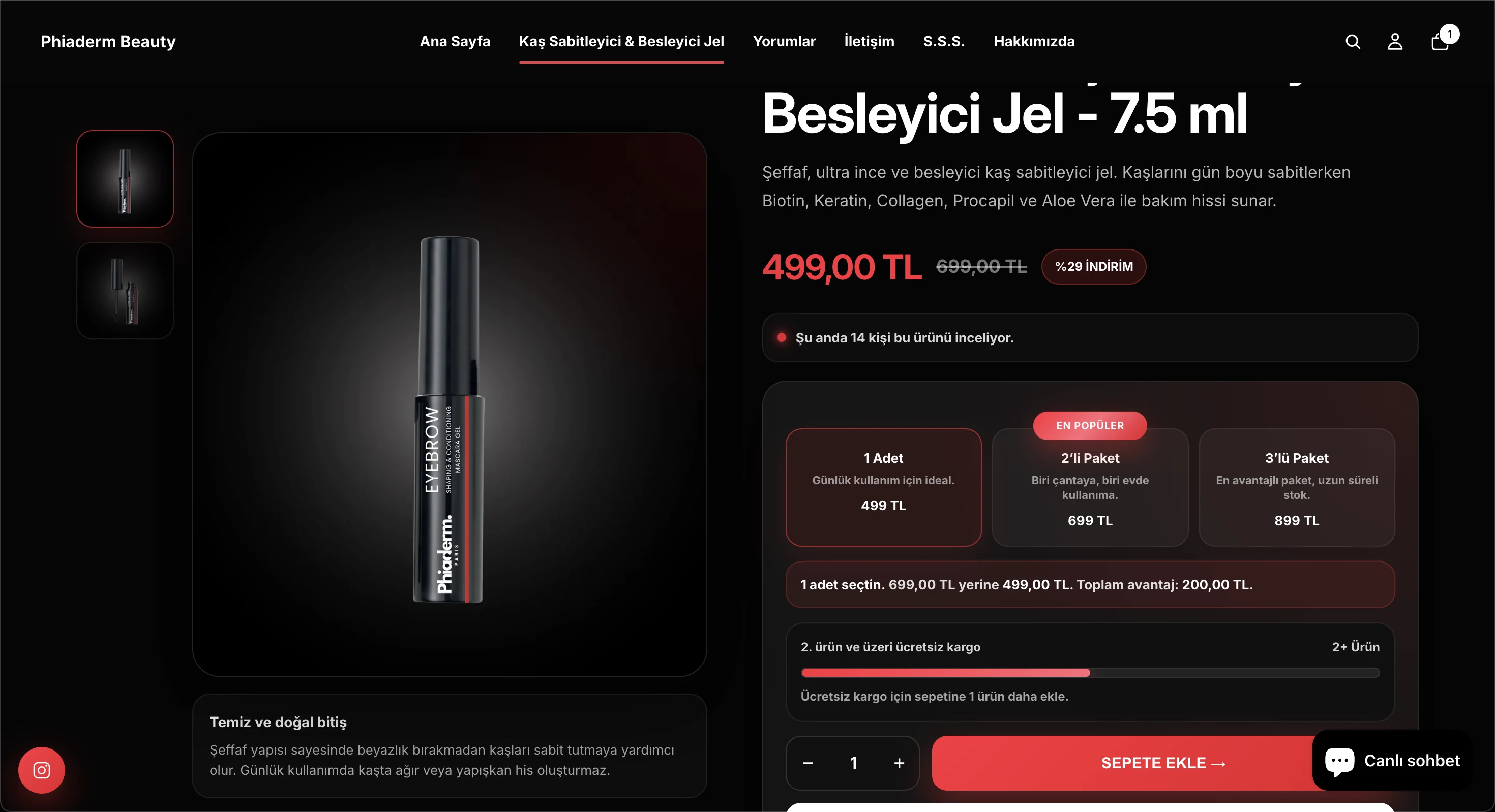 Phiaderm Beauty Shopify product detail page for eyebrow gel with pricing and add to cart flow