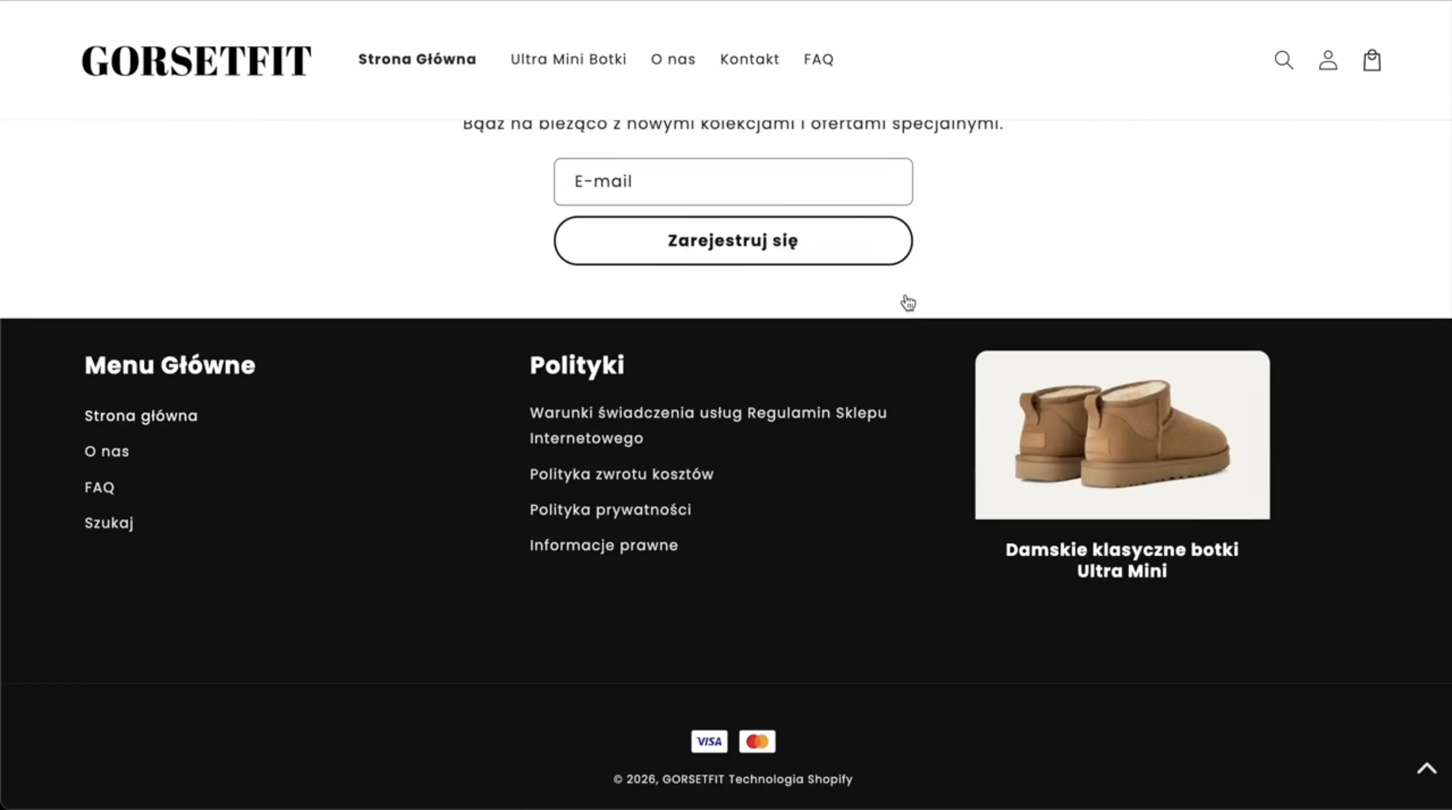 Gorsetfit newsletter signup and footer with store navigation, policies and featured product content