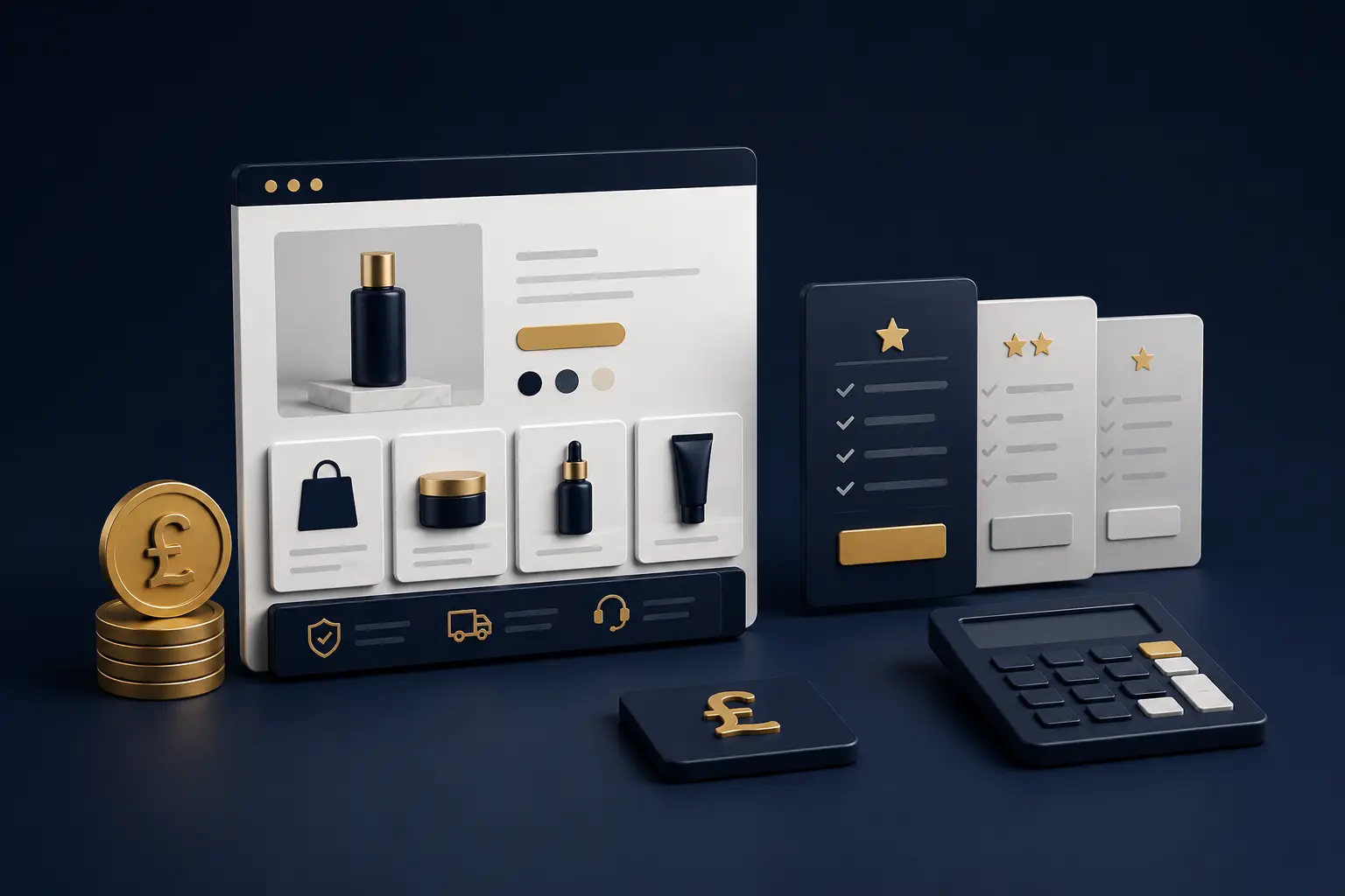 Minimal 3D illustration of a Shopify storefront, UK pound coins, pricing plans and a calculator representing Shopify website costs in the UK