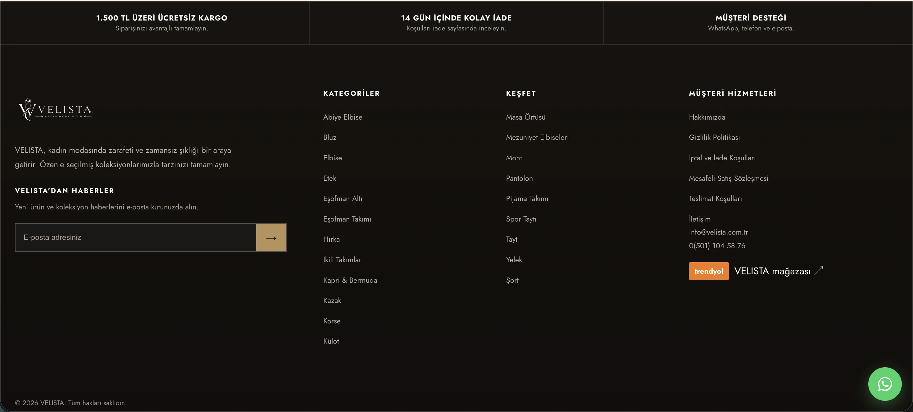 Velista Shopify store footer and navigation