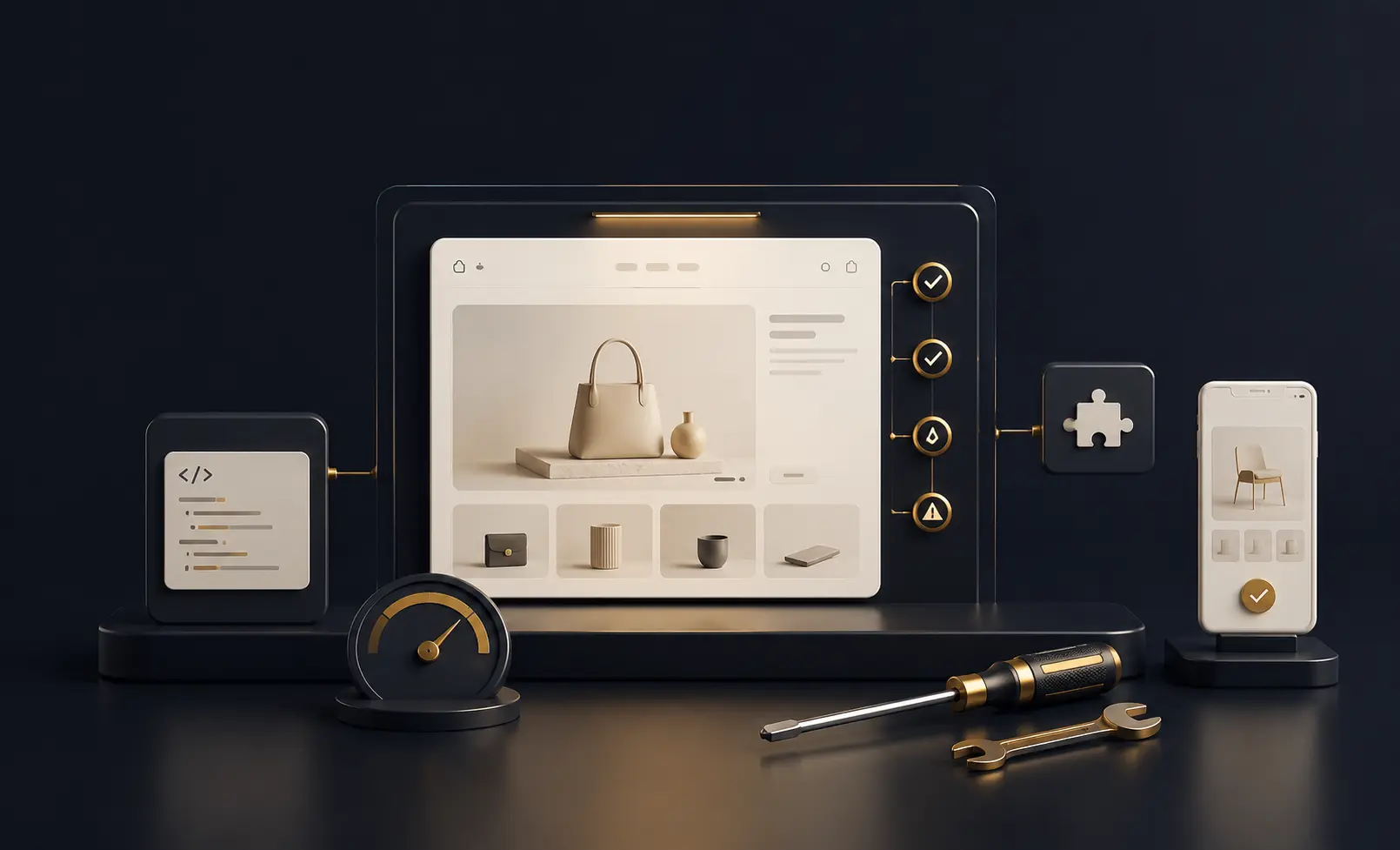 Shopify store maintenance concept showing ecommerce theme, app, performance and mobile health checks