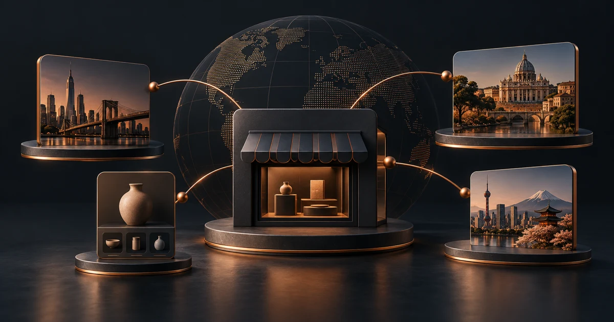Dark copper-accented Shopify storefront connected to market cards, illustrating international selling