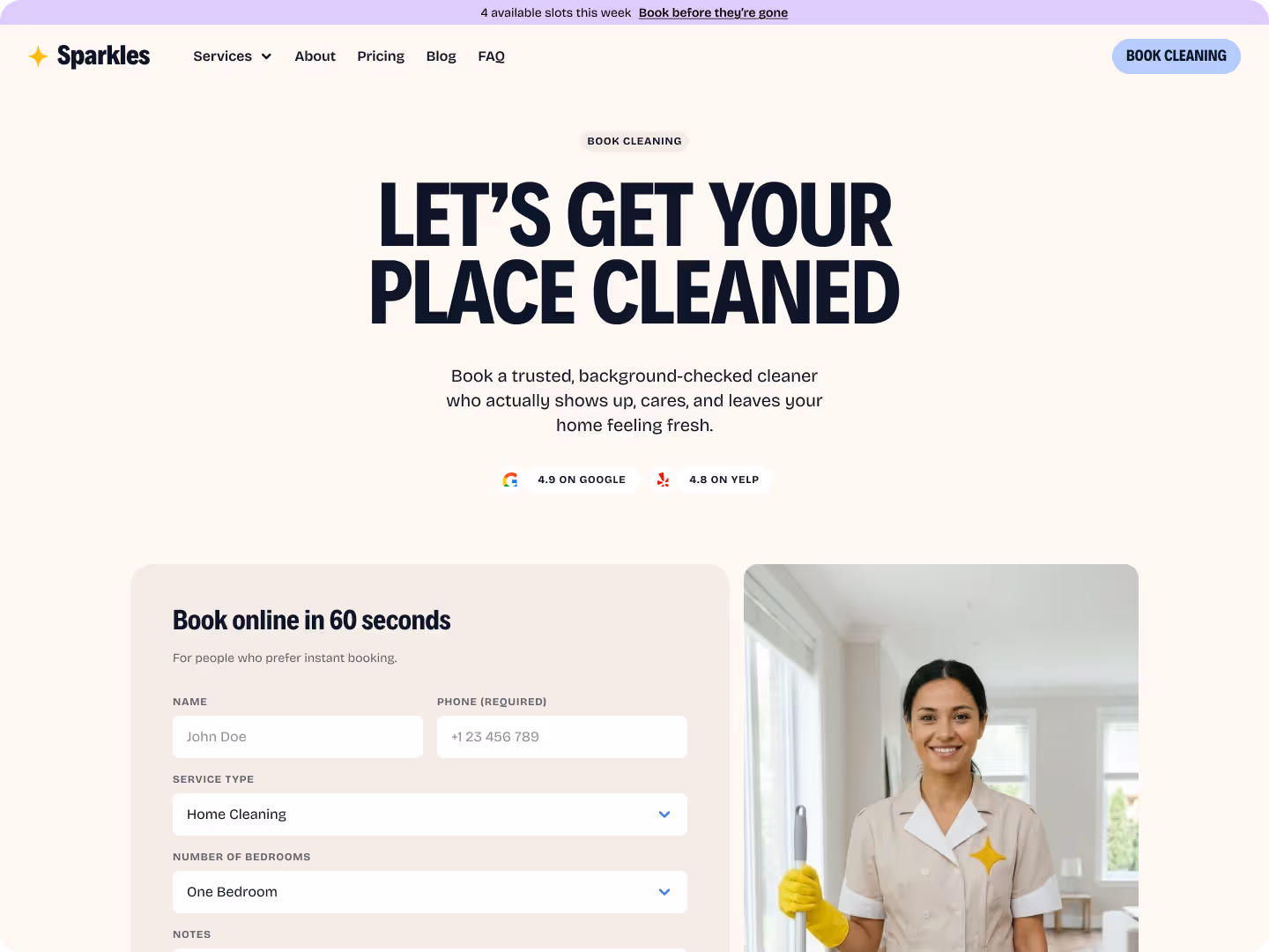 Website homepage for Sparkles cleaning service showing booking form and smiling cleaner in beige uniform with yellow gloves holding mop in bright room.