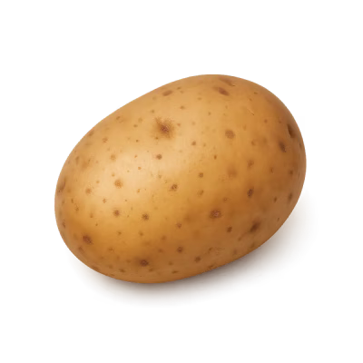 Papa amarilla con puntos marrones sobre fondo negro.