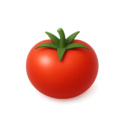 Tomate rojo con hojas verdes en la parte superior.