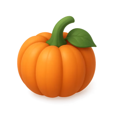 Calabaza naranja con tallo verde y una hoja, sobre fondo negro.