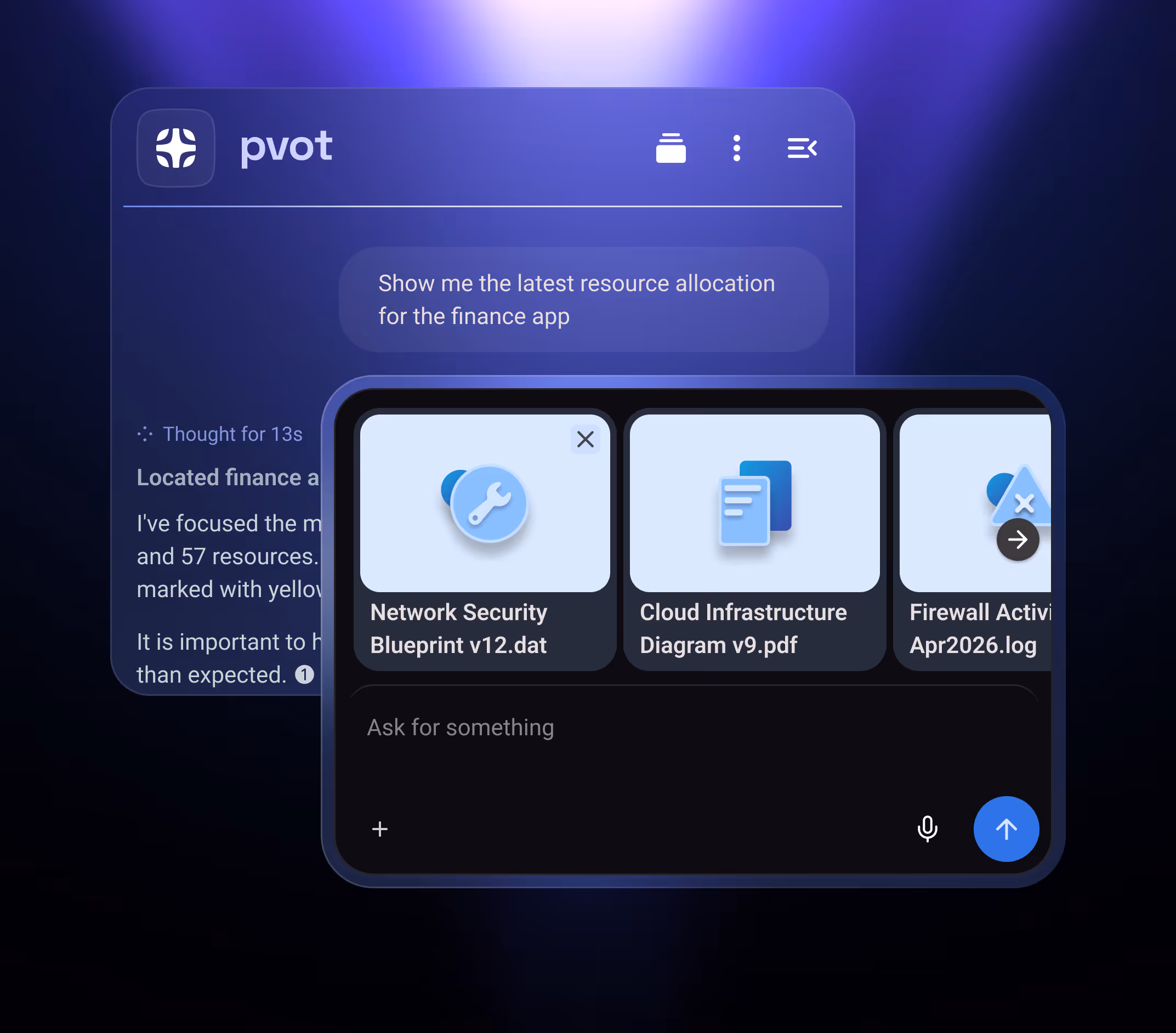 Chat interface from Pvot AI showing a request for the latest resource allocation for the finance app and three file cards.