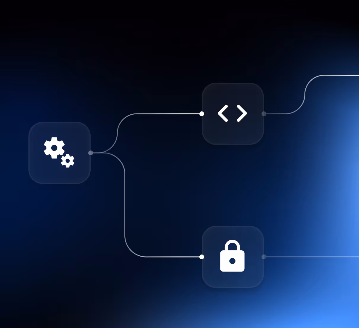 Diagram with three connected squares containing icons of gears, code brackets, and a padlock on a dark blue gradient background.