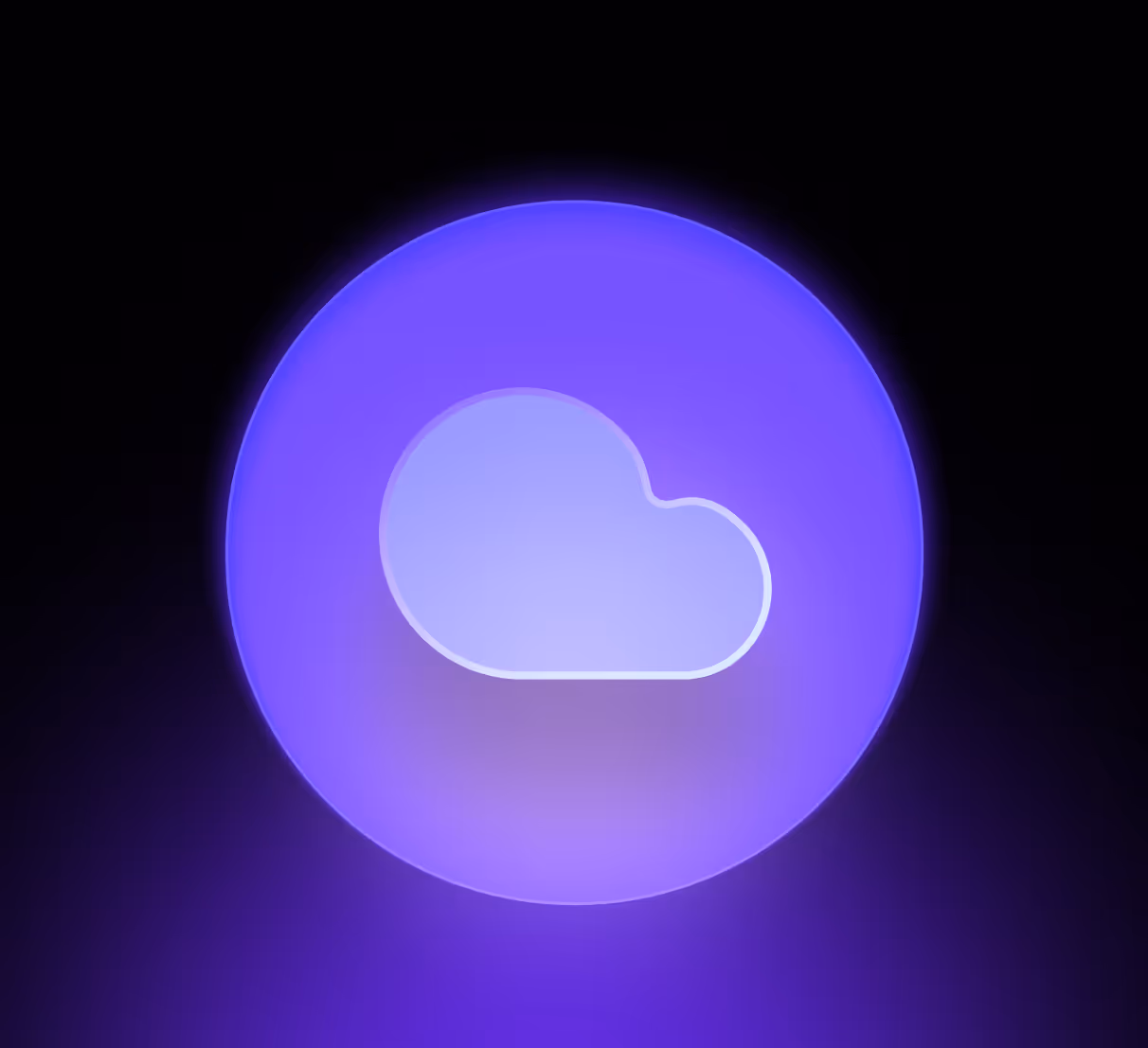 Glowing purple circular icon with a simplified cloud symbol in the center on a dark background.