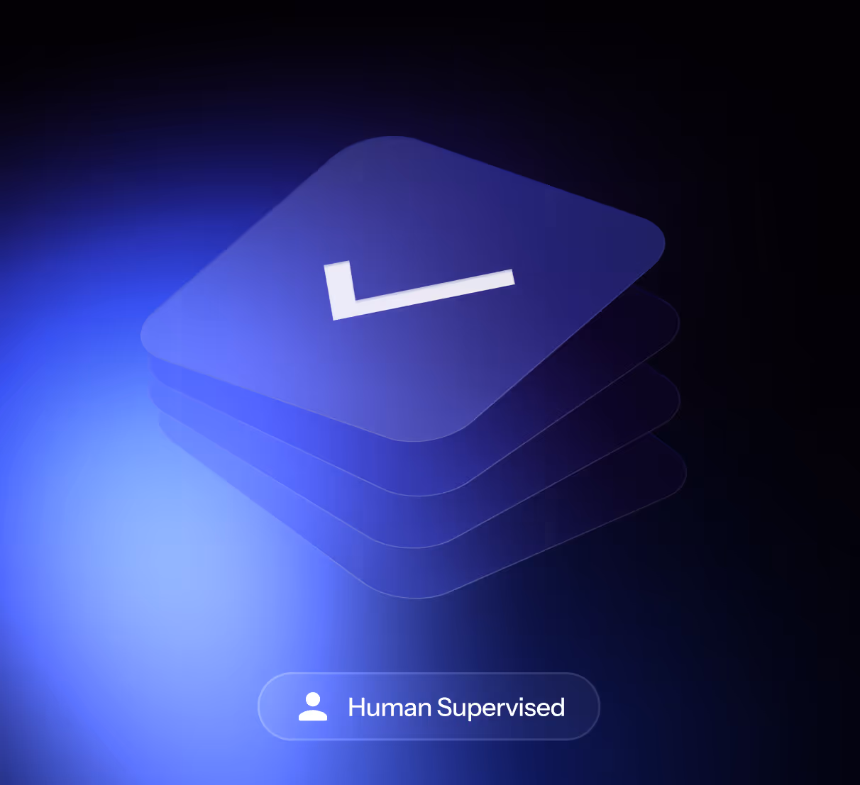 Stack of translucent purple layers with a white checkmark on the top, above a label reading Human Supervised.