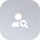 User profile icon with a magnifying glass on a blue rounded square background.