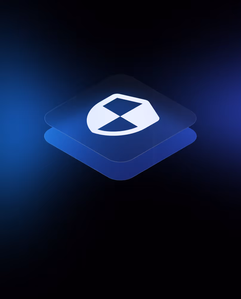 White shield icon with four quadrants on two overlapping translucent blue squares against a dark blue gradient background.