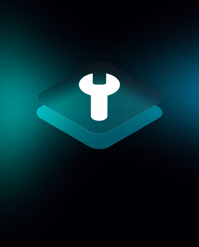 White wrench icon on overlapping transparent teal square layers with gradient dark teal and black background.