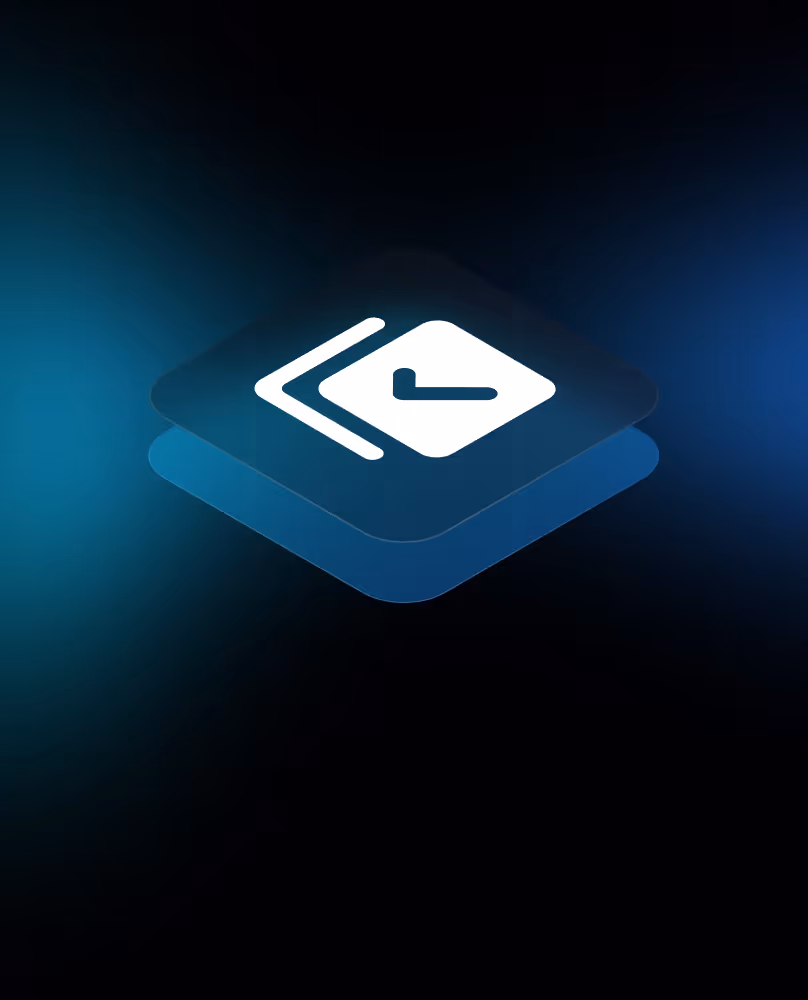 White clock icon with left arrow on layered dark blue squares background.