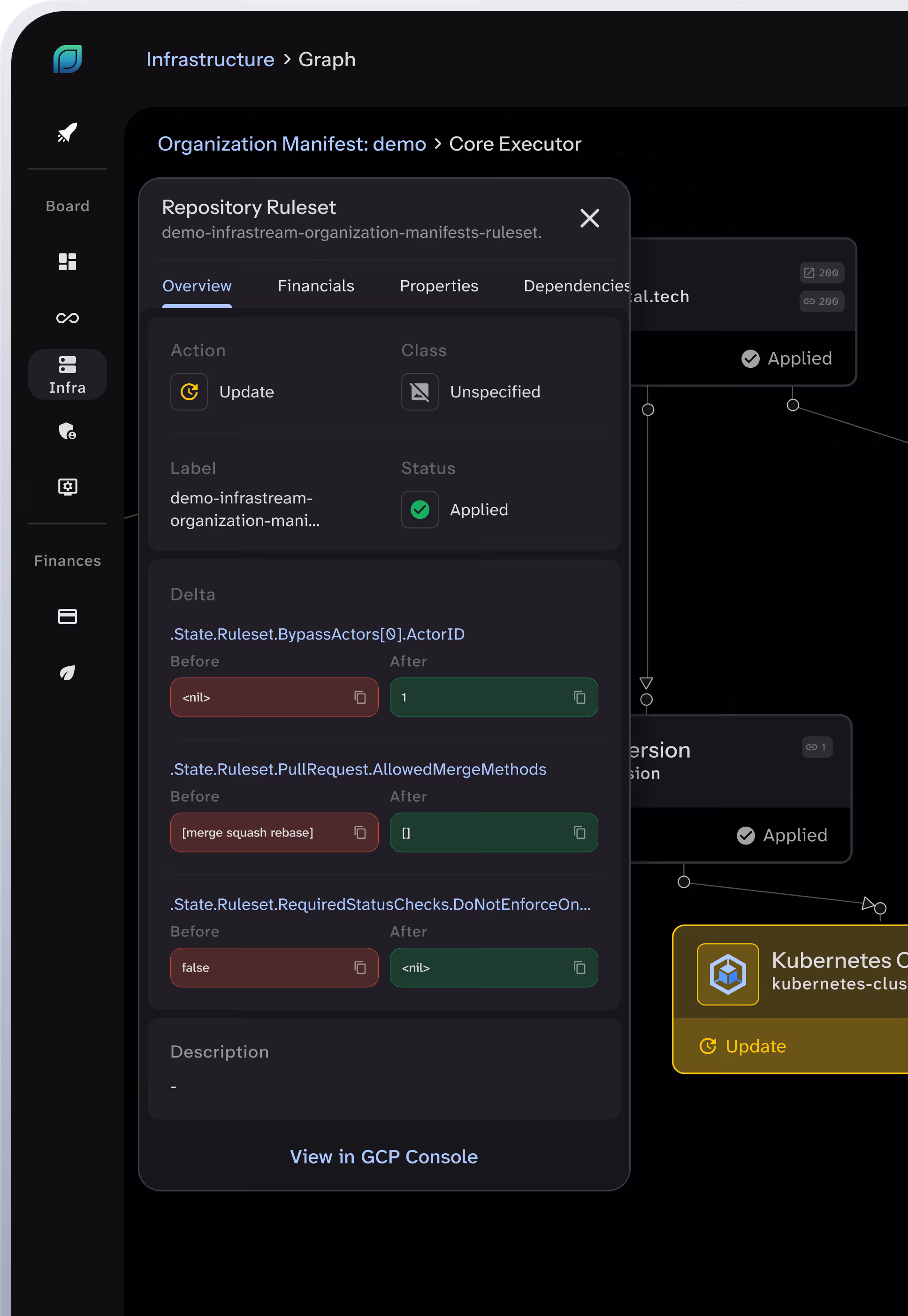 User interface of Pvotal Infrastream showing a dashboard interface displaying a Repository Ruleset update with status applied, showing changes in bypass actors, allowed merge methods, and status checks.
