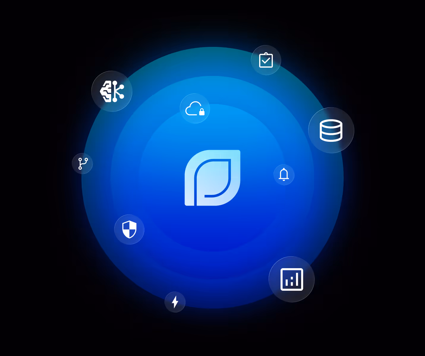 Blue circular design with a central leaf logo surrounded by icons representing cloud lock, checklist, database, bell, bar chart, lightning bolt, shield, git branch, and neural network.