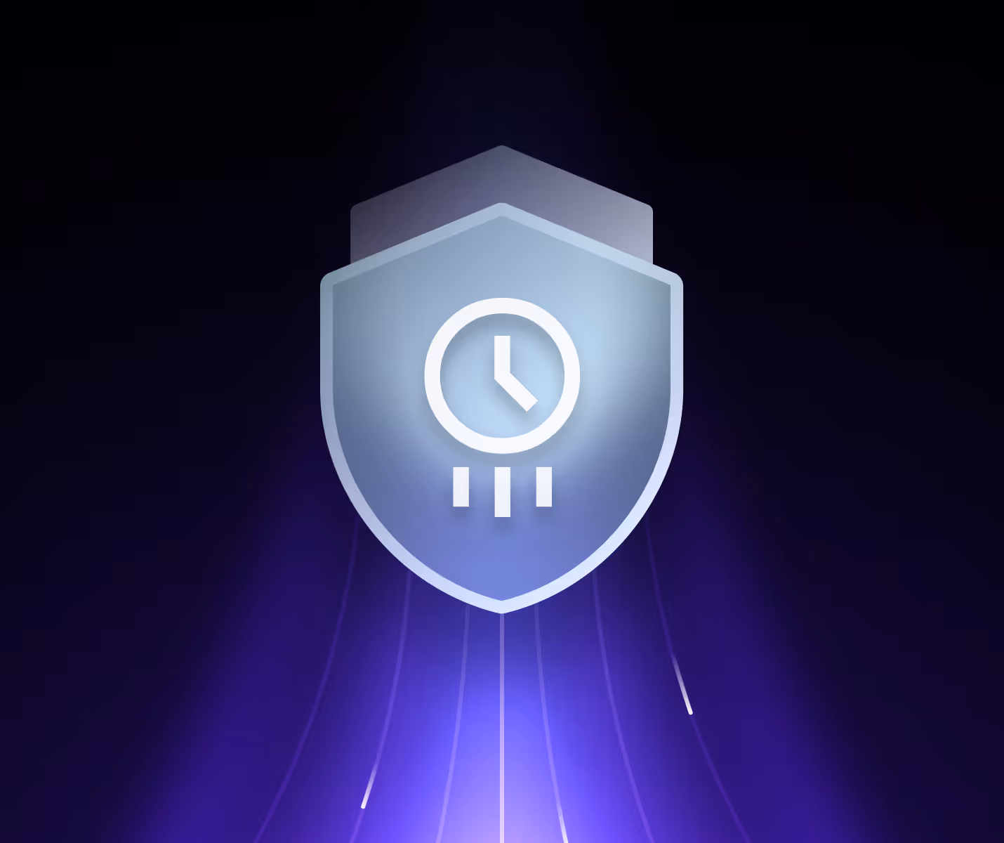 Glowing shield with a clock icon and three vertical bars inside, set against a dark blue and purple abstract background.