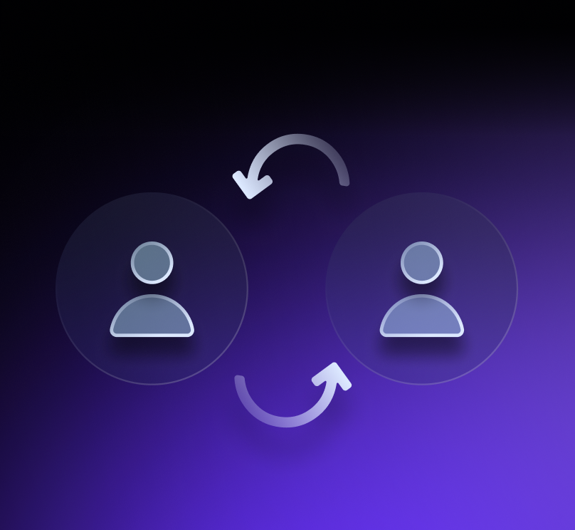 Two user icons connected by circular arrows representing user exchange or transfer on a purple and black gradient background.