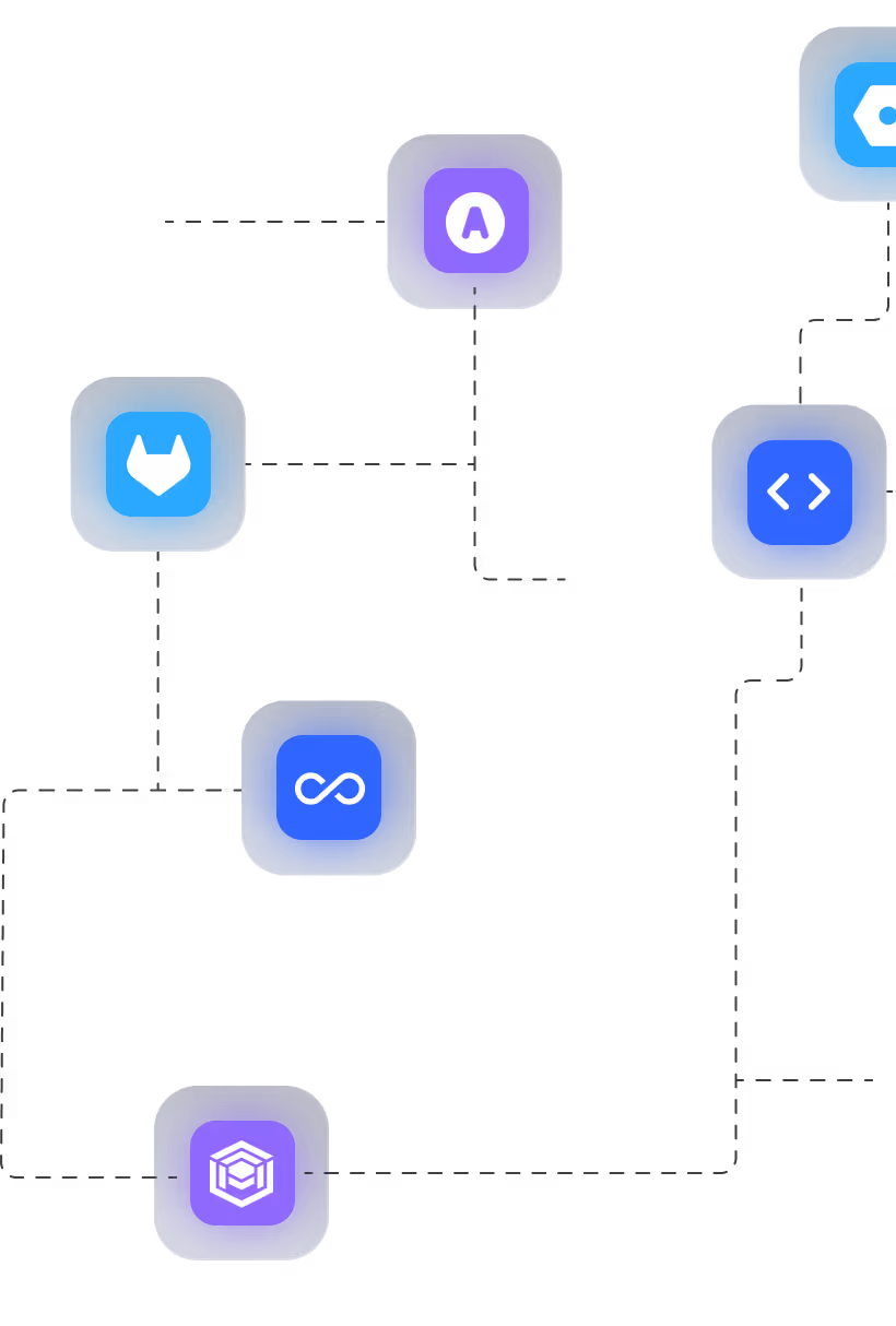 Network diagram showing various technology icons including GitLab, a purple A logo, infinity symbol, a code bracket, a blue hexagonal icon, and a purple 3D cube connected by dashed lines.