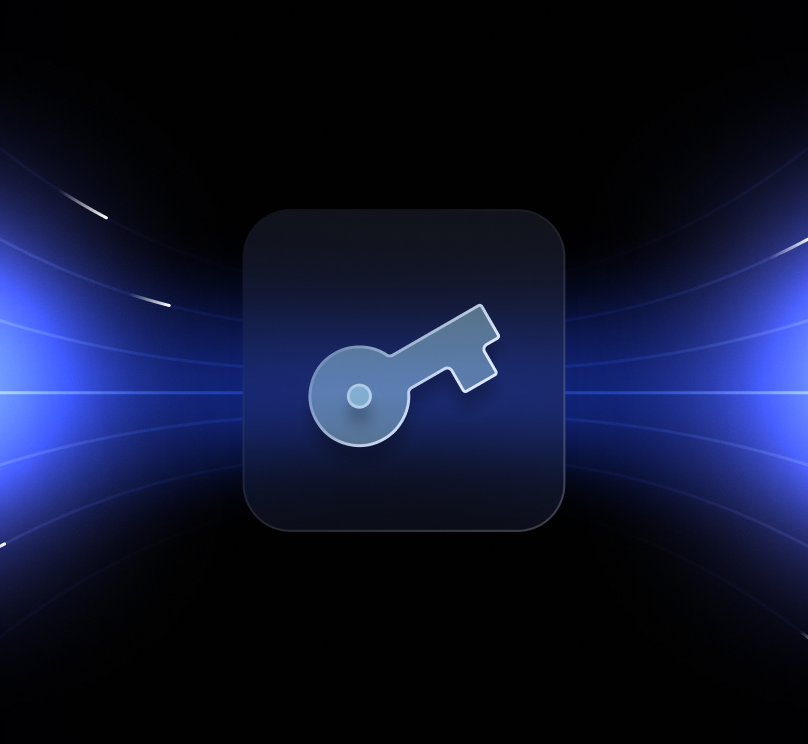 Blue key icon centered on a dark background with horizontal blue light streaks radiating from behind.