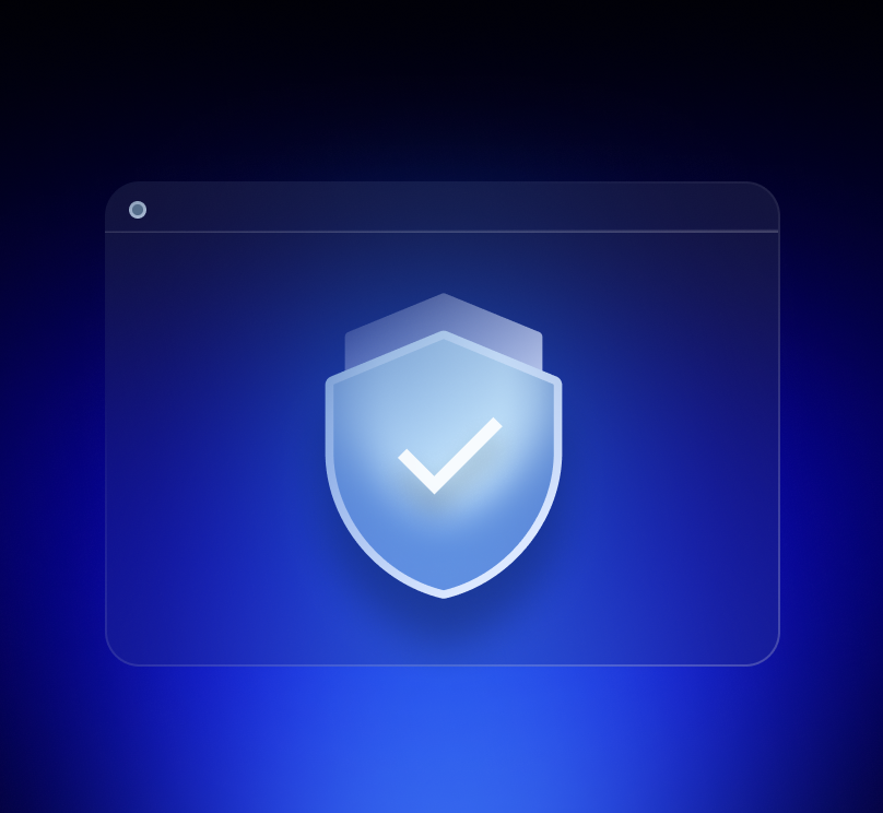 A translucent browser window with a glowing shield icon featuring a checkmark, symbolizing security or protection.