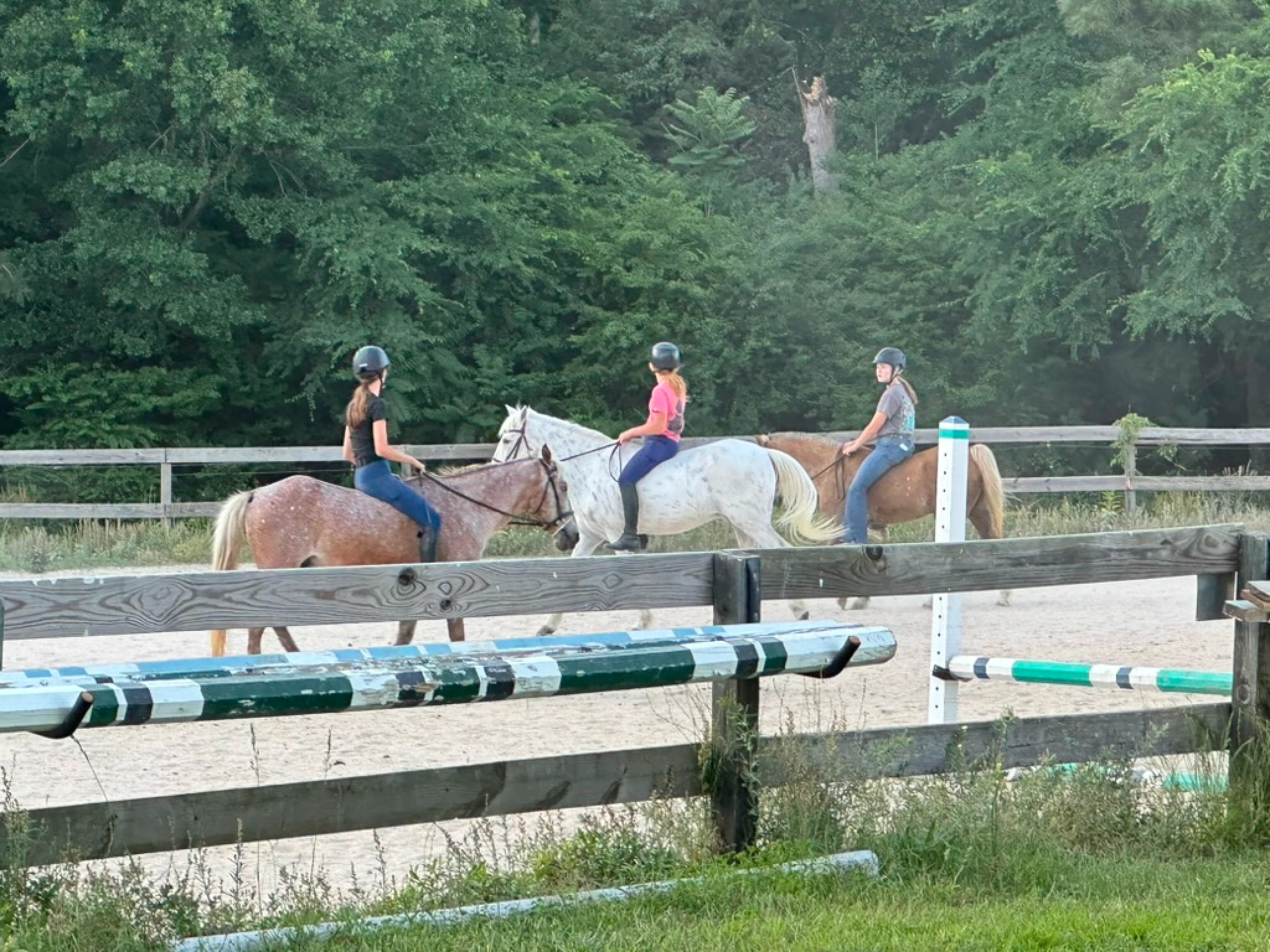 Three people wearing helmets riding different colored horses inside a fenced sandy riding arena with green trees in the background.