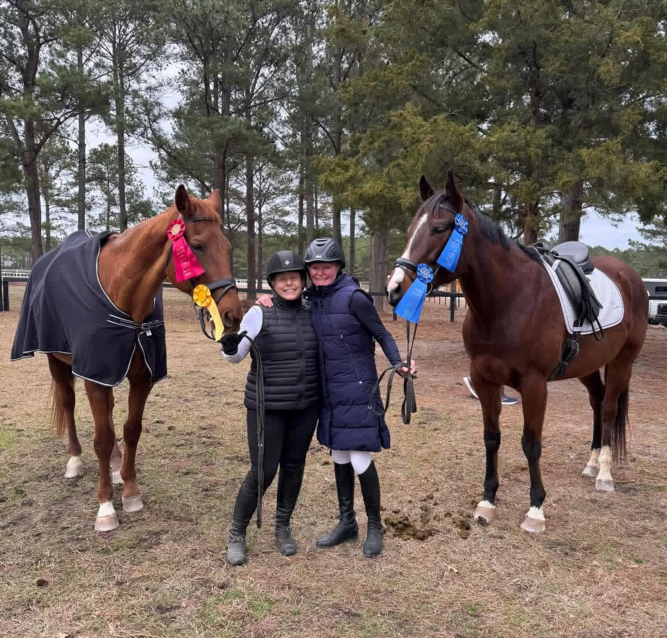 Two equestrians in helmets and riding gear standing between two horses with award ribbons in an outdoor wooded area.