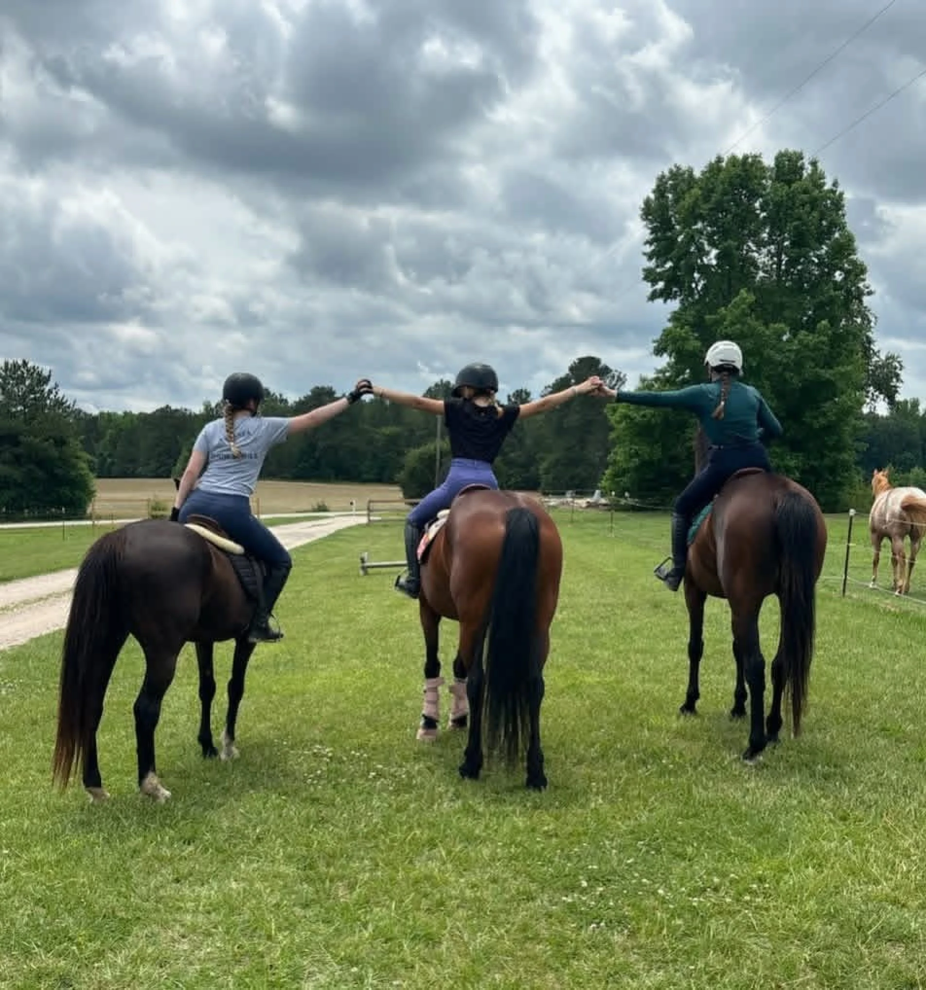 Three riders on horseback holding hands, riding on a grassy path under a cloudy sky.