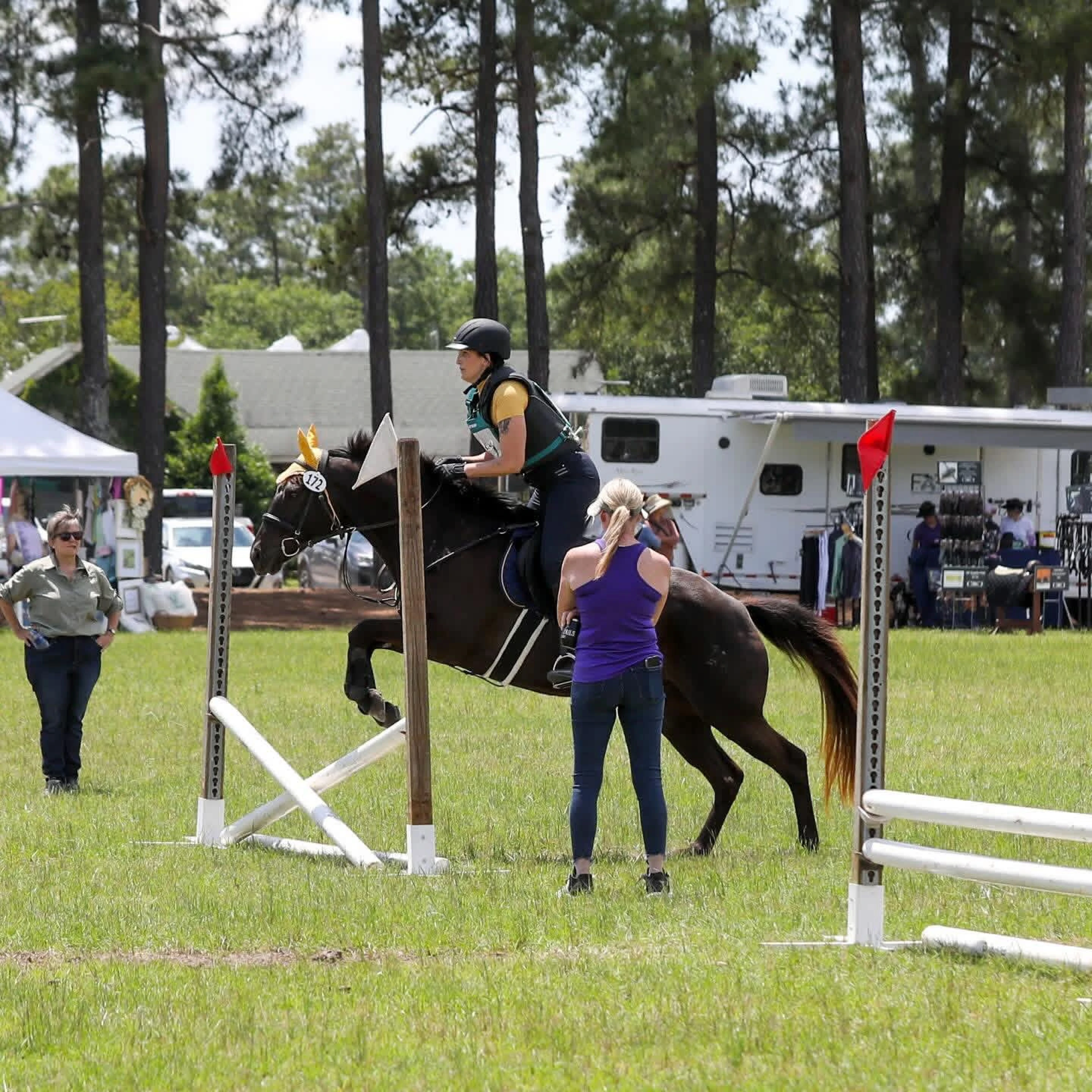 Equestrian rider in helmet and protective vest jumping a brown horse over an obstacle during an outdoor event with spectators and tents in the background.