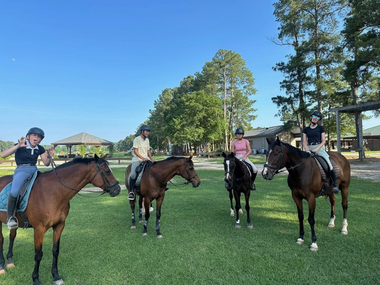 Four people wearing helmets riding horses on a green lawn with trees and buildings in the background under a clear blue sky.