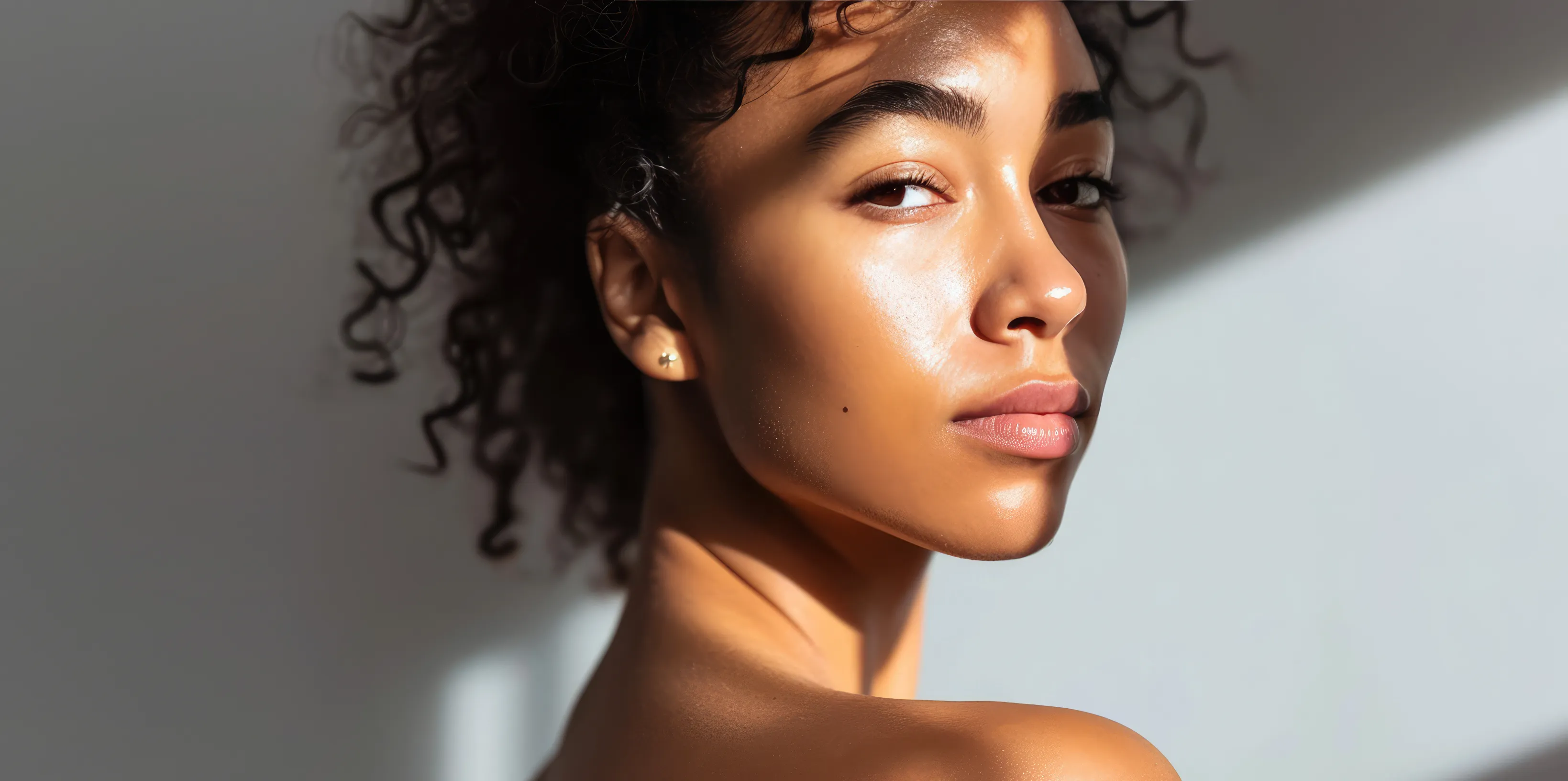 Close-up of a woman with curly hair and glowing skin looking over her shoulder against a light background.