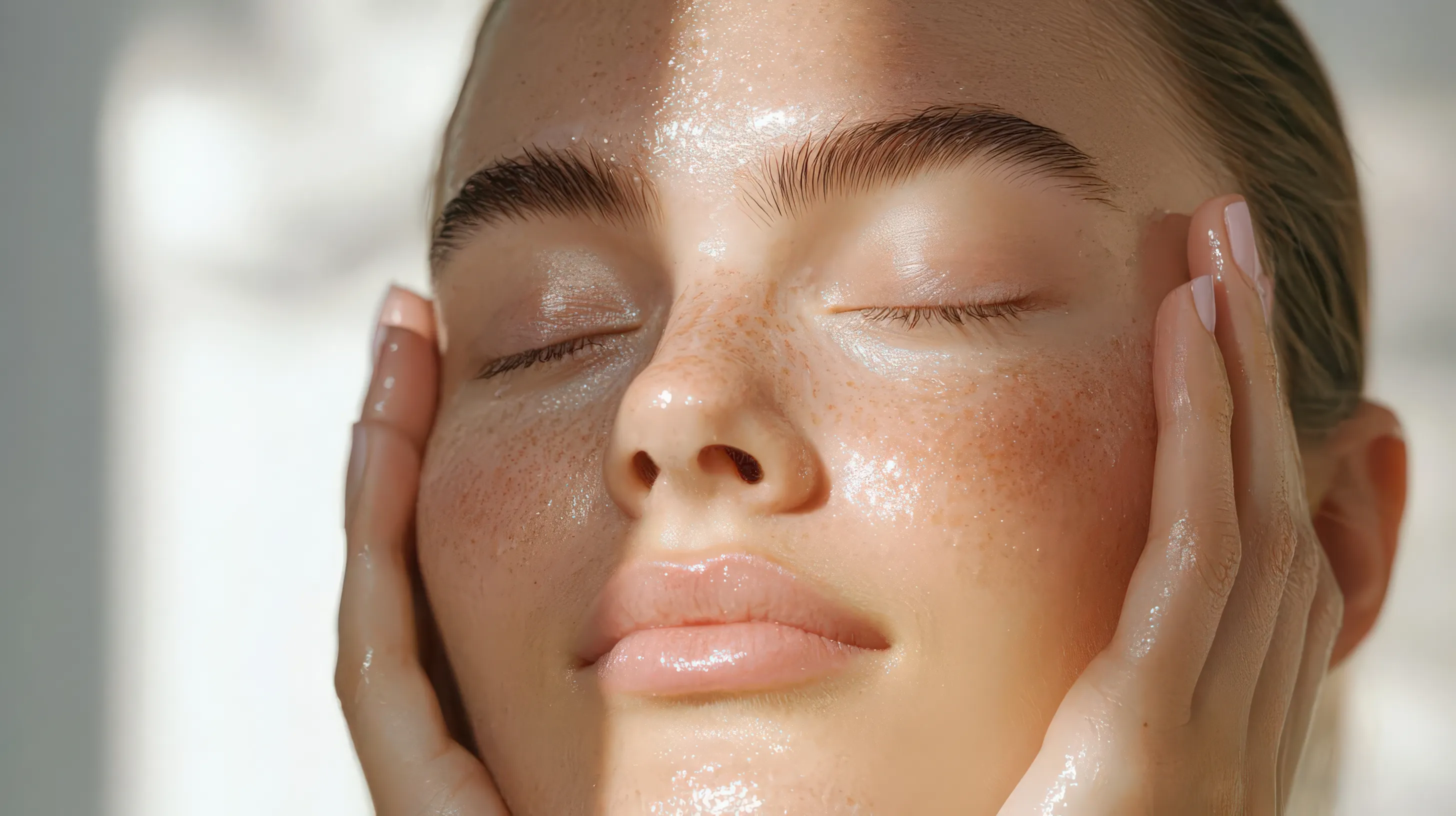 Close-up of a woman with closed eyes and freckled skin gently touching her moisturized face with both hands.