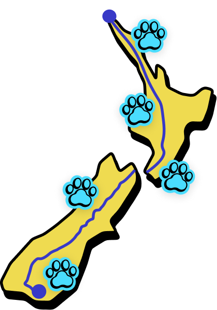 Map of New Zealand with walk locations