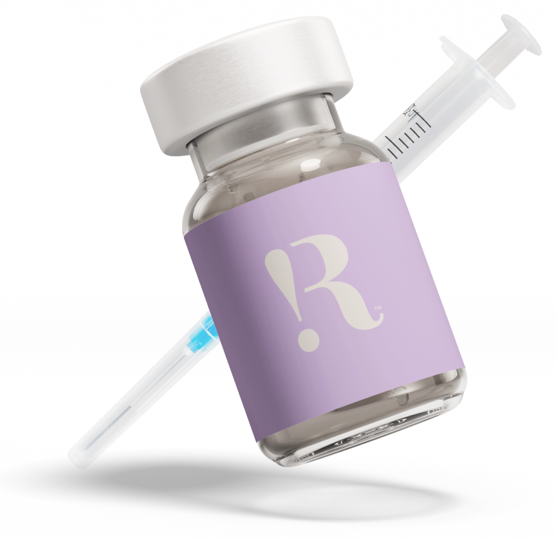 Close-up of a syringe behind a glass medical vial containing Tirzepatide with a label featuring a white RoarMD's logo and a white cap.