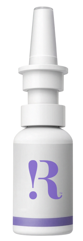 Frosted nasal spray bottle with a purple cap and a subtle white RoarMD logo on a light gray background.