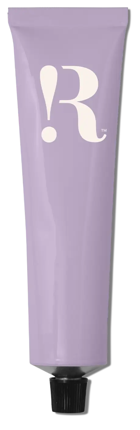 A tall lavender tube of Estradiol vaginal gel with a black screw cap and the white RoarMD "R!" logo.