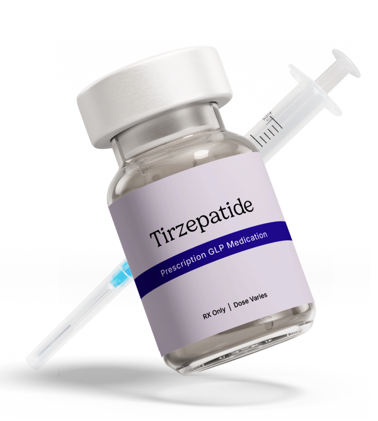Close-up of a syringe behind a glass medical vial containing Tirzepatide with a label featuring a white RoarMD's logo and a white cap.