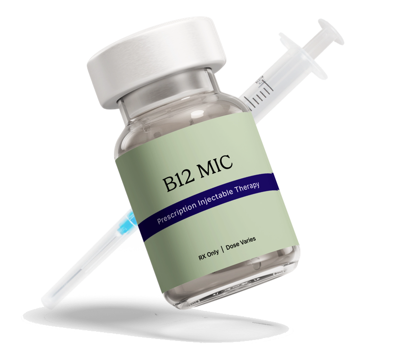 Close-up of a syringe behind a glass medical vial of BM12 with a label featuring a white RoarMD's logo and a white cap.