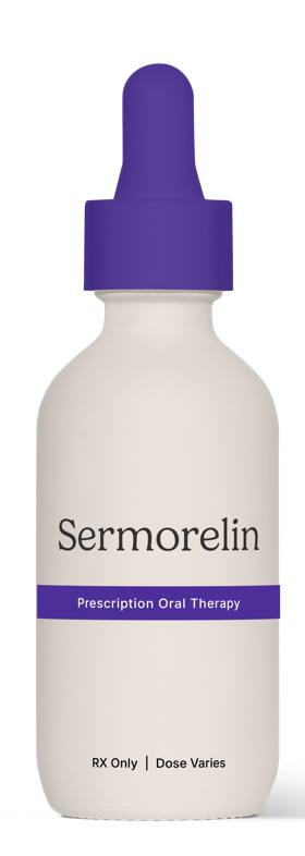 Glass bottle filled with Sermorelin pills and labeled with the roarMd's logo in white.